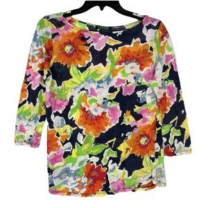 Lauren Ralph Lauren Linen Blouse Small Multicolor Floral Linen 3/4 Sleeves